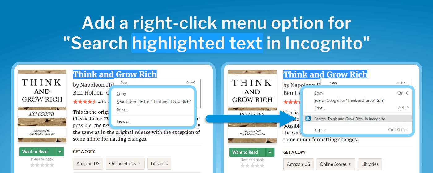 Add right click menu option: search highlighted text in incognito